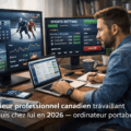 Parieur professionnel canadien travaillant depuis chez lui en 2026 — ordinateur portable avec statistiques sportives, carnet de notes et tasse de café sur bureau moderne