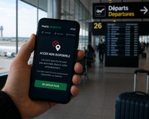 Voyageur tenant un téléphone affichant une application de paris sportifs bloquée par géolocalisation dans un aéroport en 2026