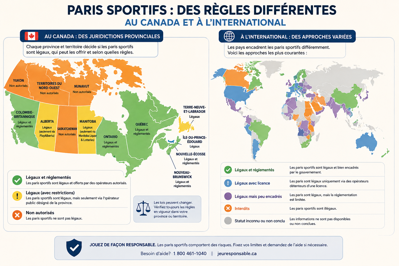 Carte illustrant les différences de juridiction des paris sportifs entre provinces canadiennes et pays étrangers