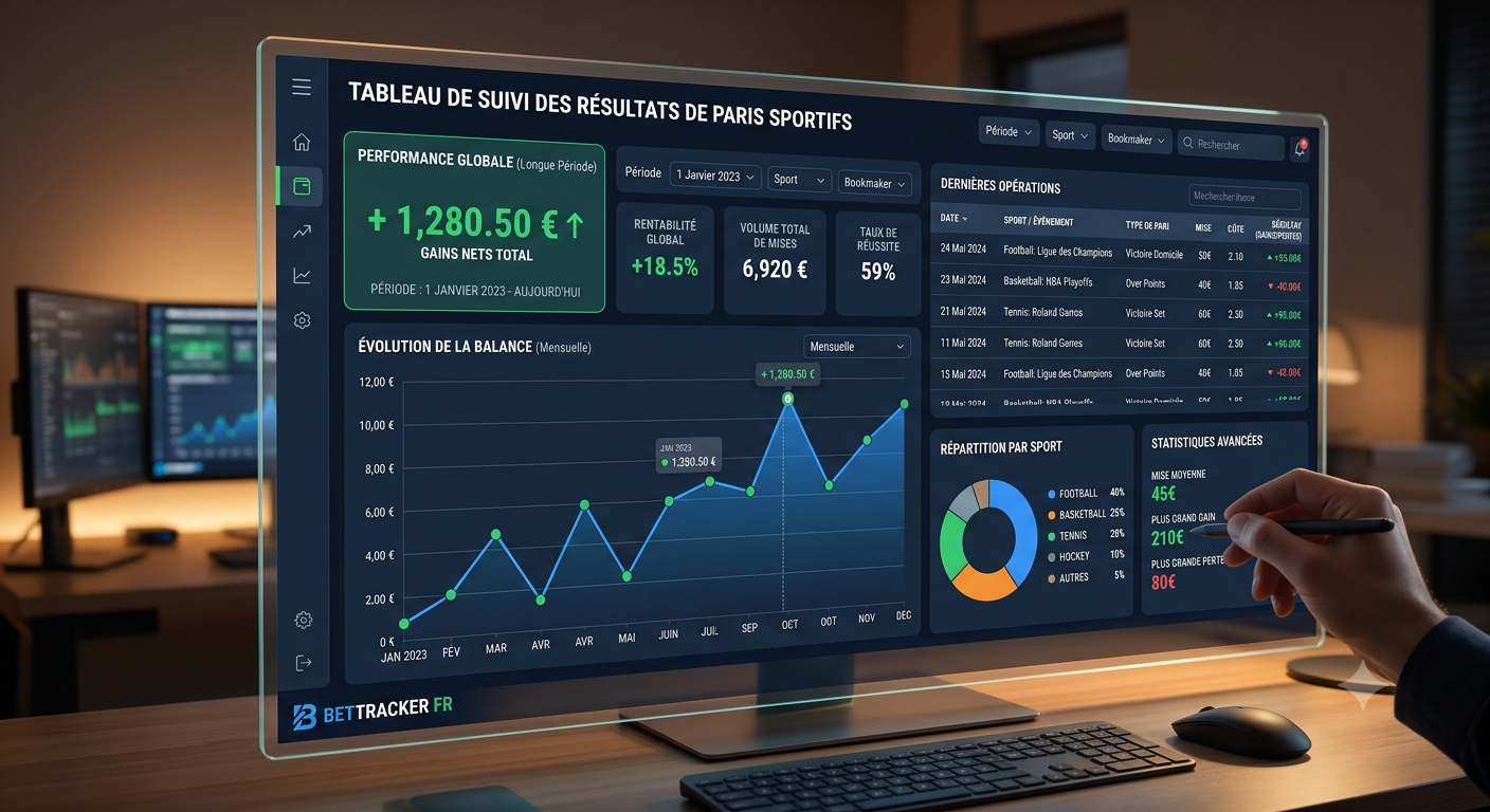 Tableau de suivi transparent des résultats de paris sportifs incluant gains et pertes sur une longue période